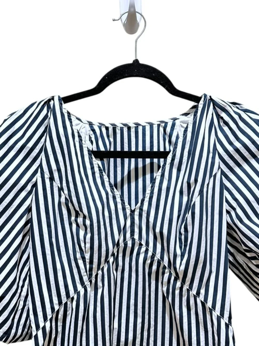 FRAME Puff Sleeve Organic Cotton Top Blouse Striped White and Blue